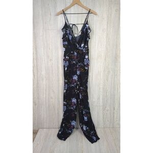 American Eagle Outfitters Women Small Long Faux Wrap Floral Print Jumpsuit Black